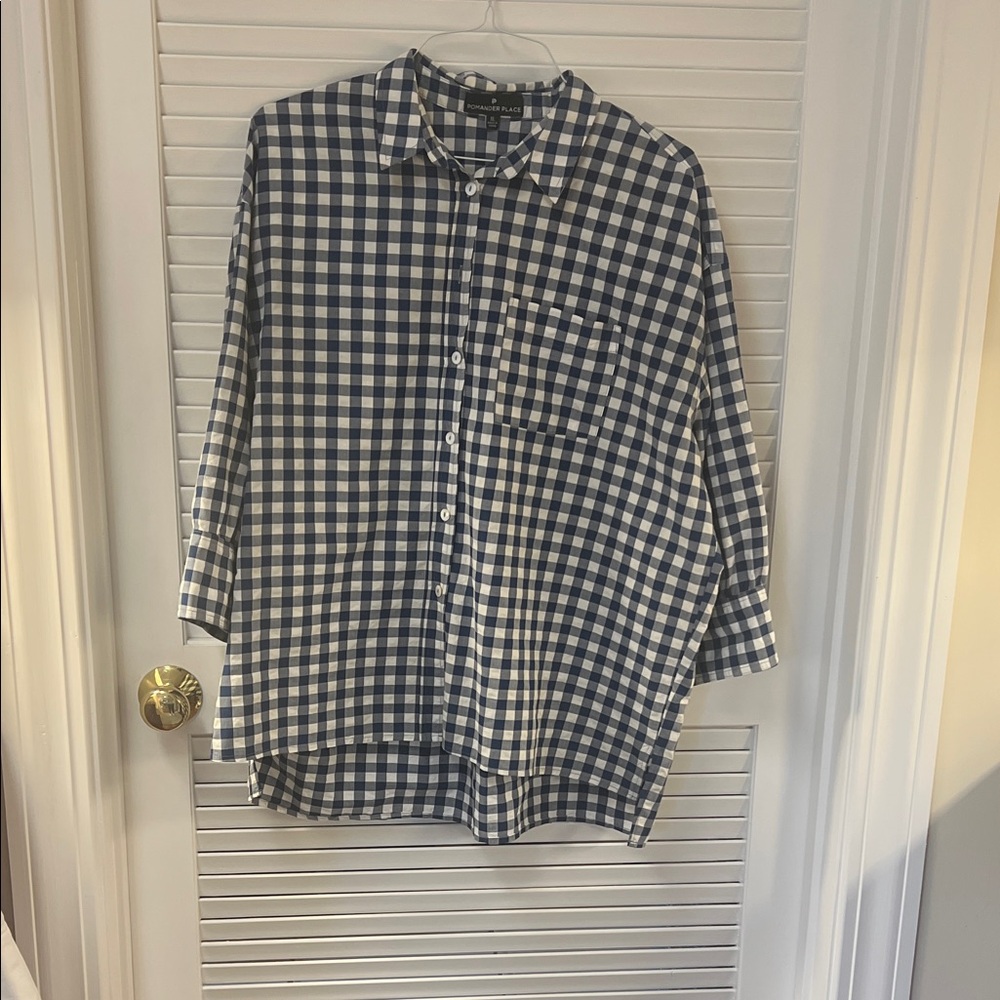 Pomander Place Navy and White Gingham Button-Up Blouse